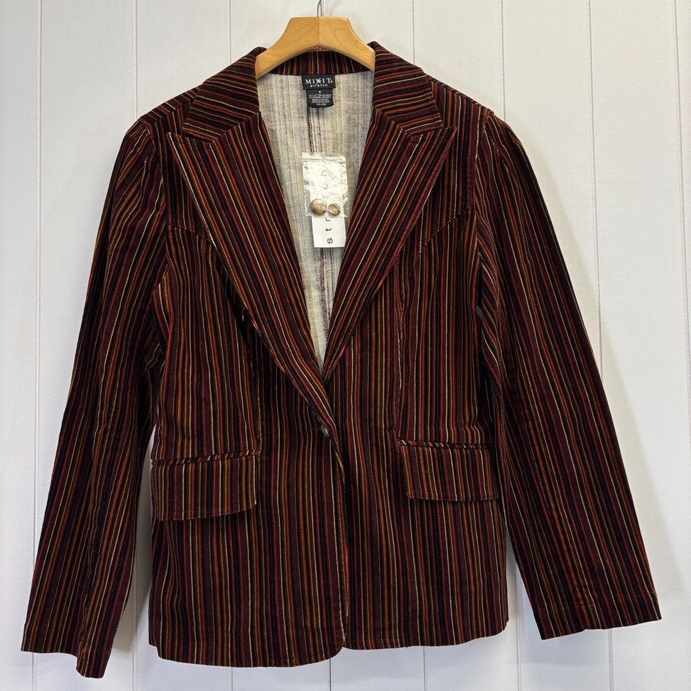 Vintage Mixit Womens Y2K Academia Striped Corduroy Blazer Size 8 Earthy Poetic